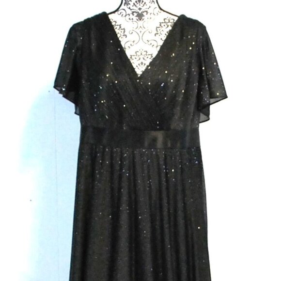 NWT Sparkling Short Sleeve V-Neck Ribbon Waist A-Line Evening Dress 2XL - Picture 3 of 7
